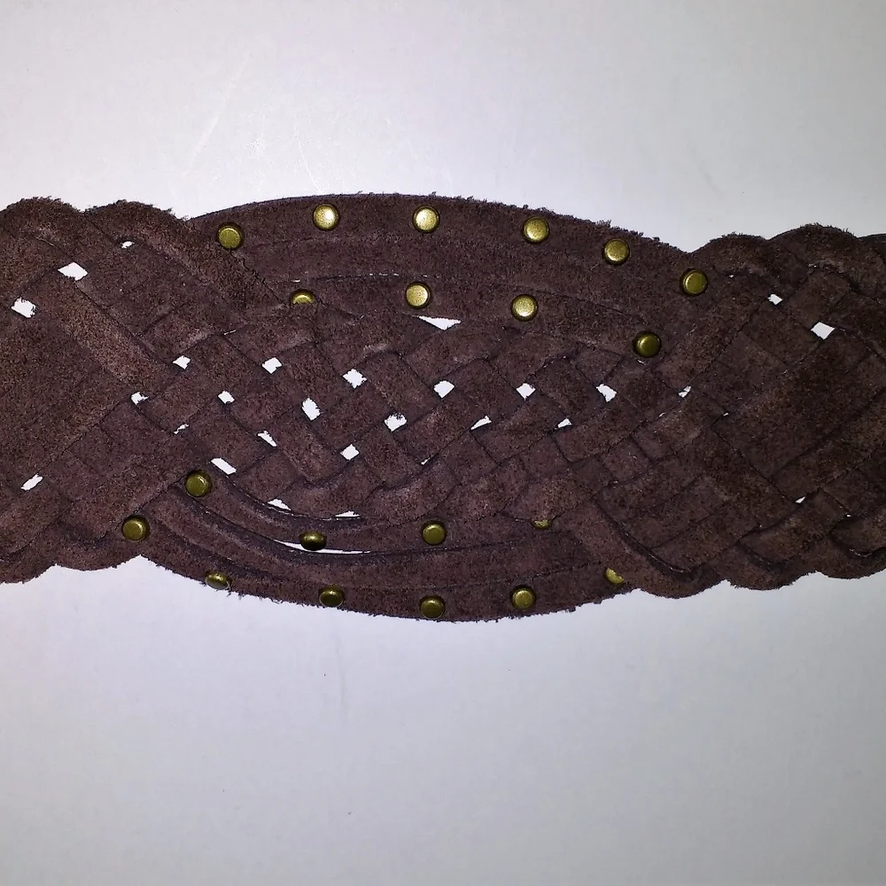 Coldwater Creek Brown Leather Braided Gold-Tone Metal Accented Wide Belt